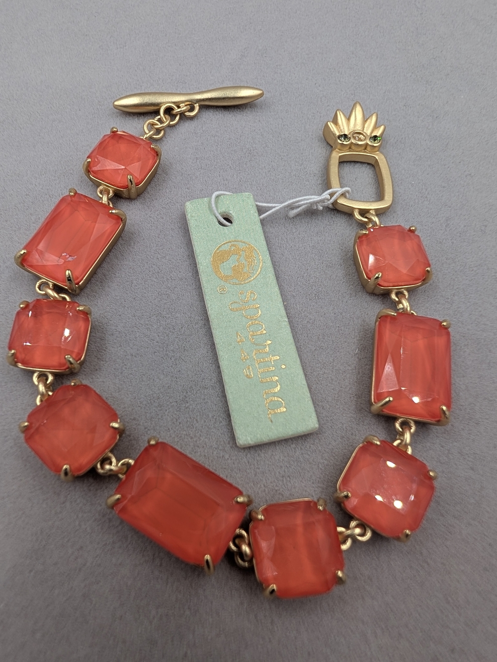 NWT Spartina 449 Pineapple Sparkle Coral Crystal Toggle Bracelet 0721